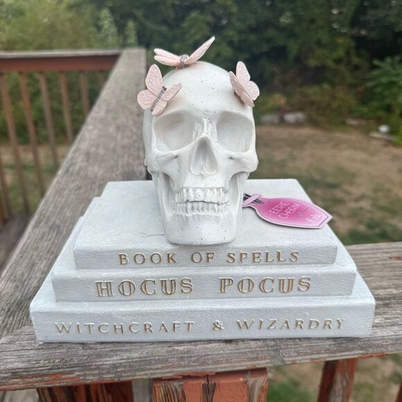 Other - NEW Halloween Book Skull Stack Hocus Pocus Decor Butterflies White Pastel Pink